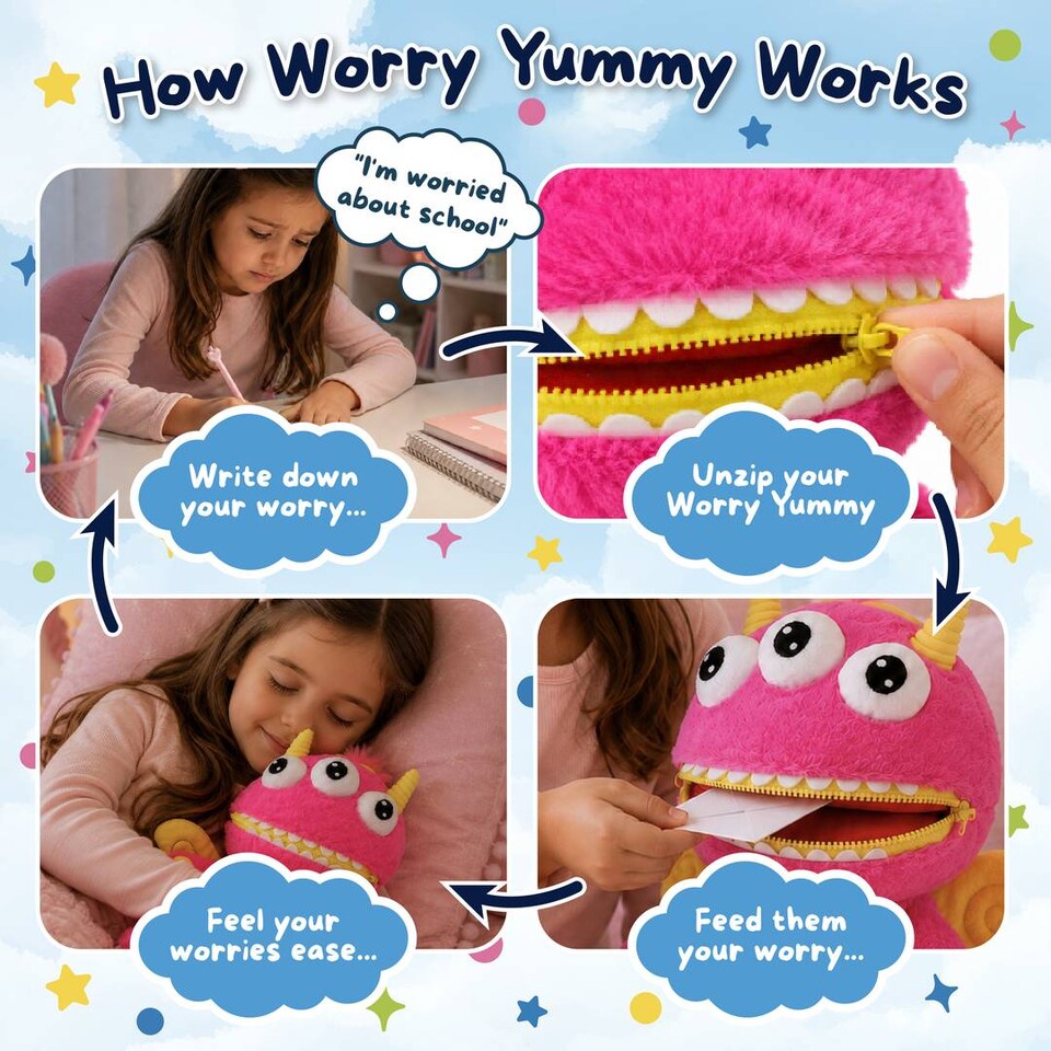 image 1 of Kids Worry Yummy Monster Cuddly Plush Toy Gift Set of 3 - Jumbo, Large and Clip-On Sizes Included