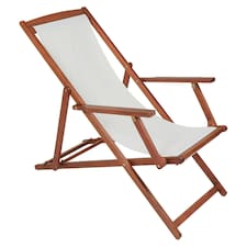 Charles Bentley Folding FSC Eucalyptus Wooden Deck Chair Beach Sun Lounger - Cream