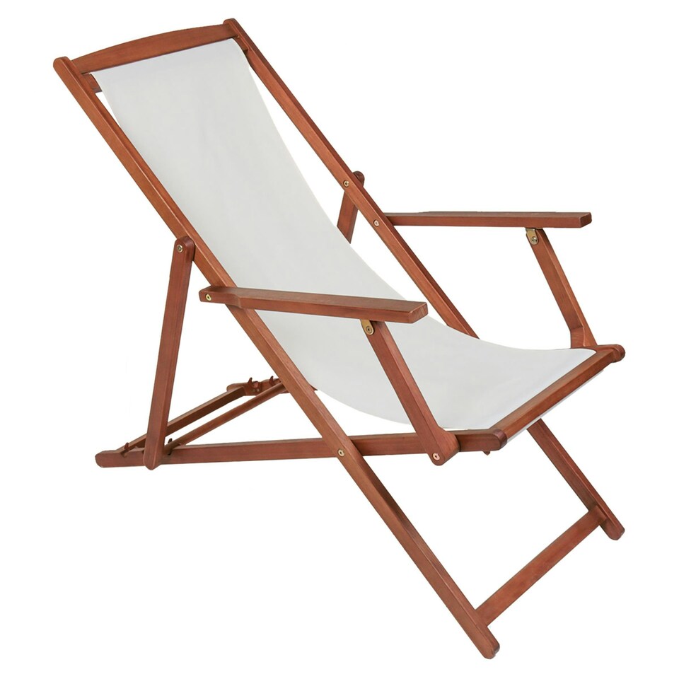 image 1 of Charles Bentley Folding FSC Eucalyptus Wooden Deck Chair Beach Sun Lounger - Cream