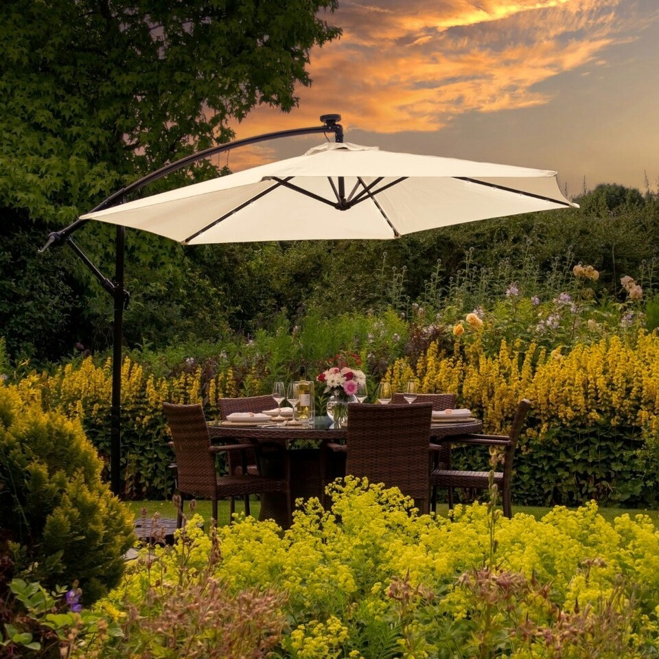 image 1 of Cream 3m LED Cantilever Parasol With Fan Base