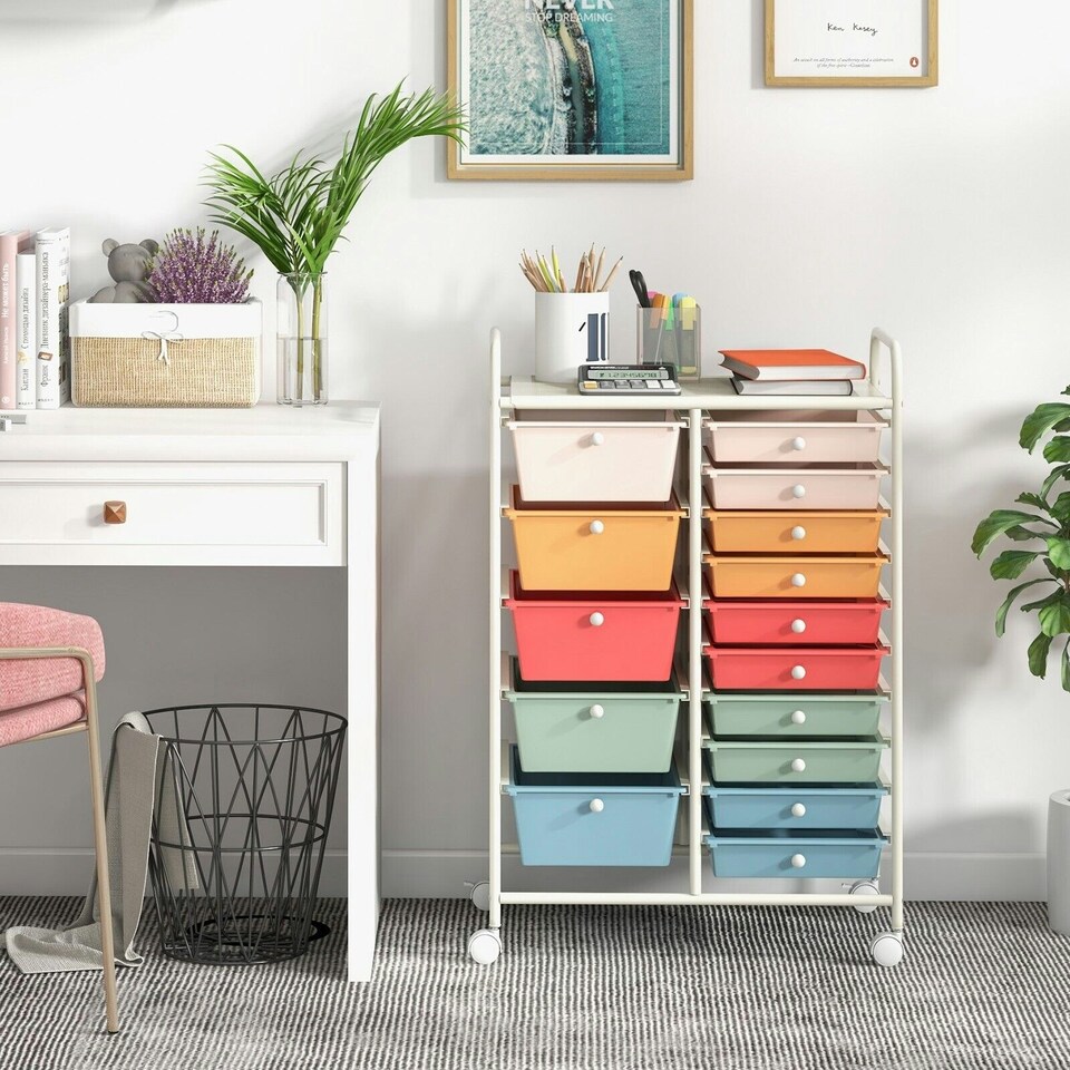 image 1 of COSTWAY 15 Drawers Storage Trolley Rolling Utility Cart Colorful
