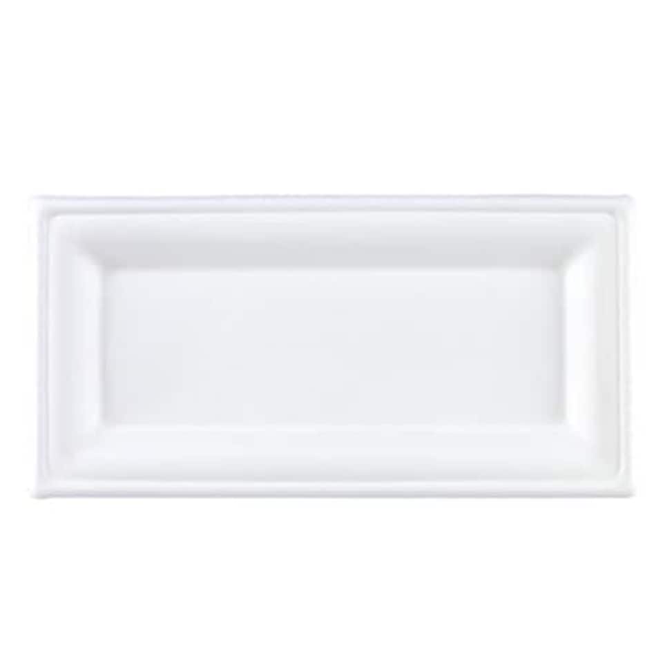 image 1 of White Rectangular Compostable Bagasse Serving Tray Plates 26cm - Pack of 125