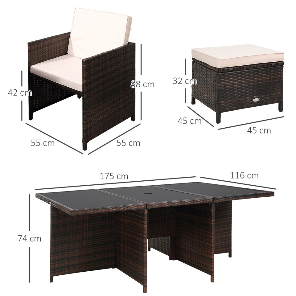 image 1 of Outsunny 10 Seater Rattan Cube Garden Furniture Set with Parasol Hole, Rattan Dining Set with Cushions, Outdoor Dining Table and Chairs with Rectangular Glass Top Table for Patio, Mixed Brown
