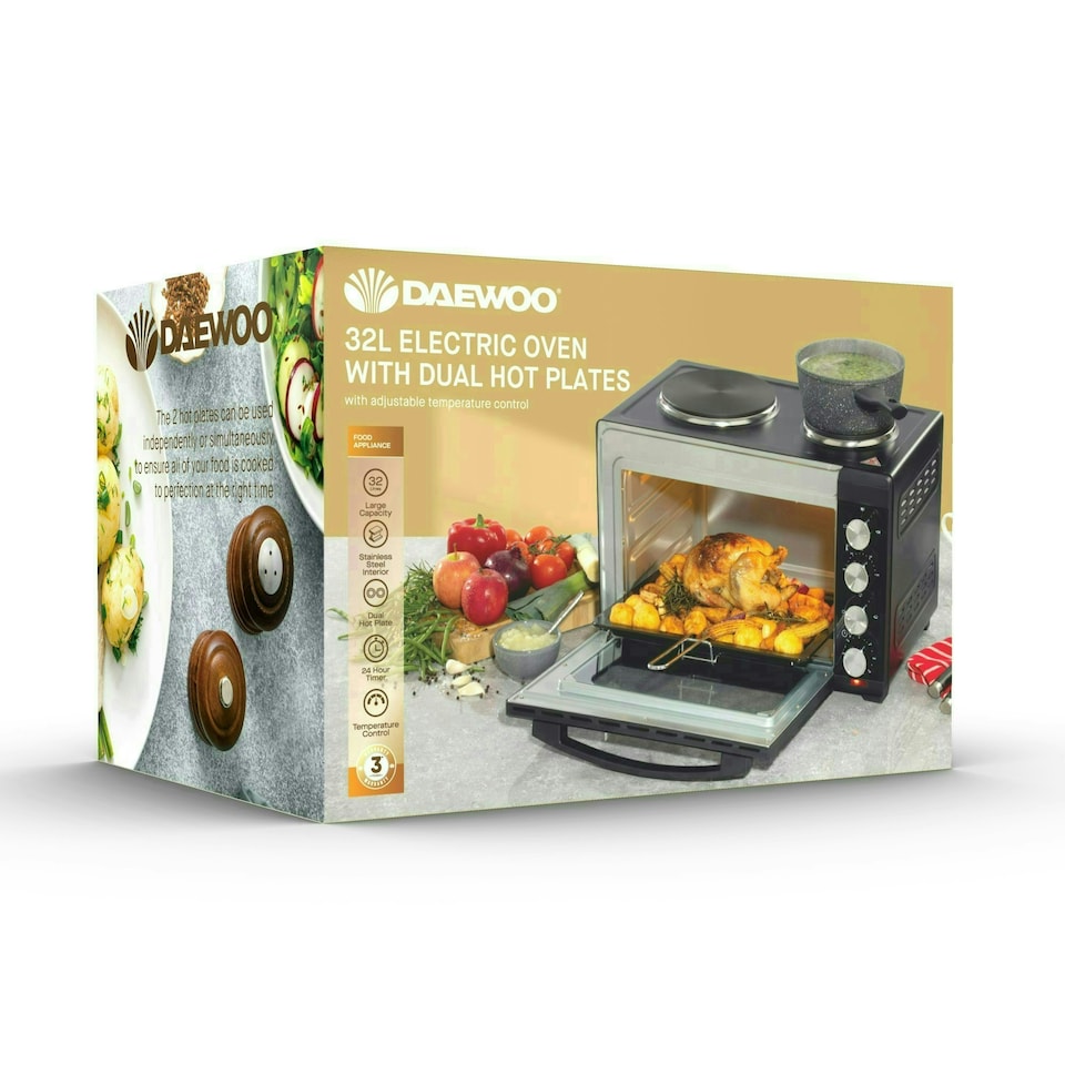 image 1 of Daewoo 1500W, 32L Capacity Mini Electric Oven with 1000W and 600W Hot Plates