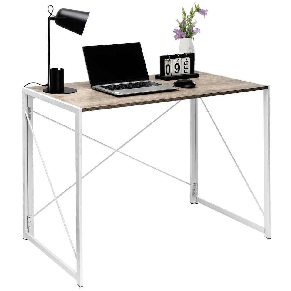 image 1 of Folding Desk Computer White Frame Rustic Wood Foldable Study Table Laptop Office Space White