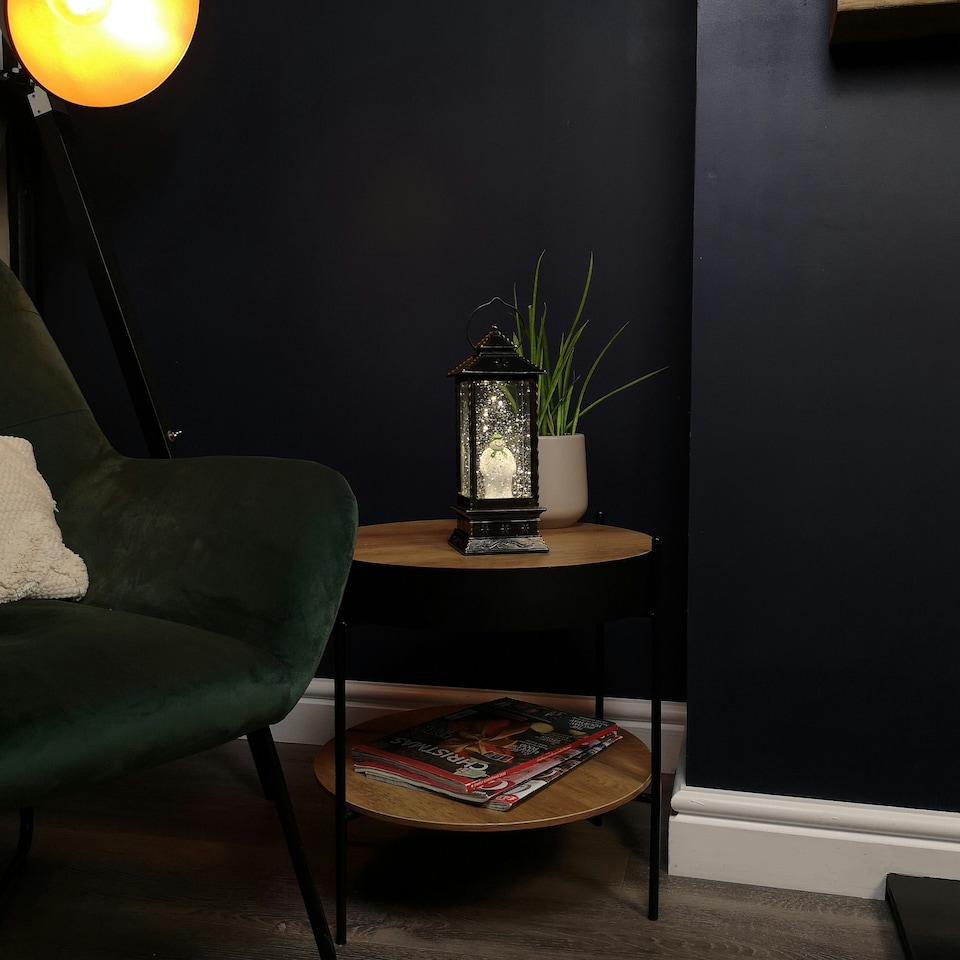 image 1 of 28cm Snowtime Dual Power LED Christmas Glitter Water Spinner Rustic Lantern The Snowman & The Snow dog™ Scene