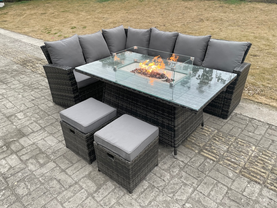 image 1 of Fimous High Back Rattan Garden Furniture Sets Gas Fire Pit Dining Table Set Gas Heater Left Corner Sofa Small Footstools 8 Seater