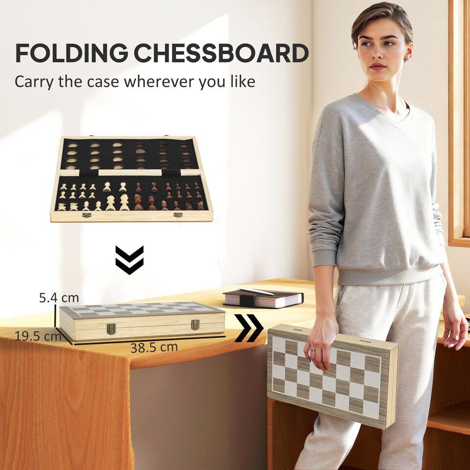 image 1 of SPORTNOW 15 Inch Wooden Chess Set with Draughts Board Game, 2 in 1 Foldable Chess and Draughts Set with Pine Wood Pieces, Storage Grooves for Travel for Adults and Kids, Brown
