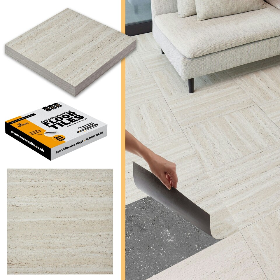 image 1 of NOVECRAFTO Vinyl Floor Tile – Self Adhesive 18x18 in – Travertine Dune – Peel & Stick for Kitchen, Bathroom & Living Room – Waterproof & Easy DIY Brown | 6.27 sqm