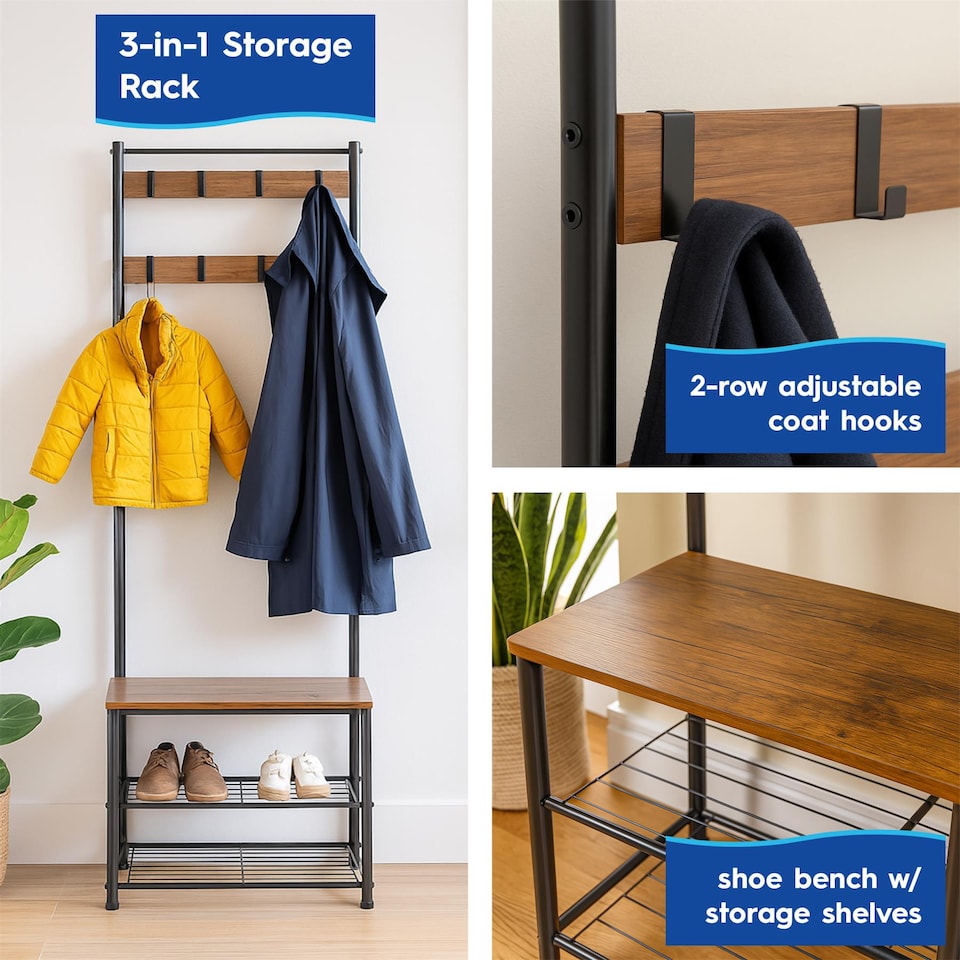 image 1 of Harbour Housewares Square Steel Coat Rack with Shoe Storage Bench - Black/Brown | Brown | Black/Brown | One Size