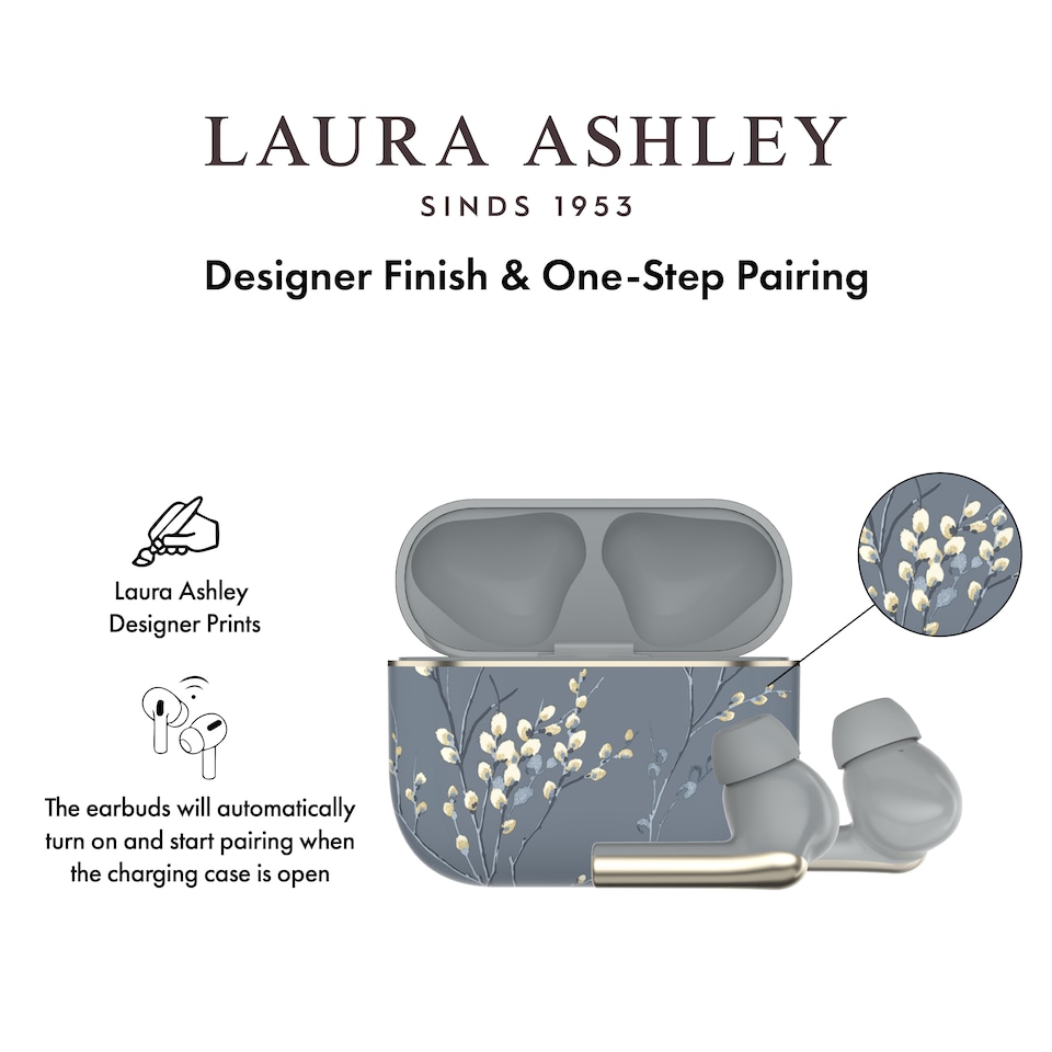 image 1 of Laura Ashley Pussy Willow Grey 'Skylark' True Wireless Earbuds with HD Microphone and Charging Case