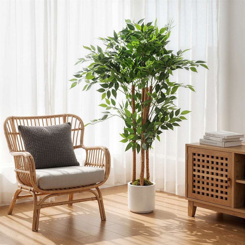 image 1 of HOMCOM 120cm Artificial Banyan Tree, Decorative Artificial Plant with Solid Wood Trunk and Pot for Indoor Living Room Home Office Decor, Green