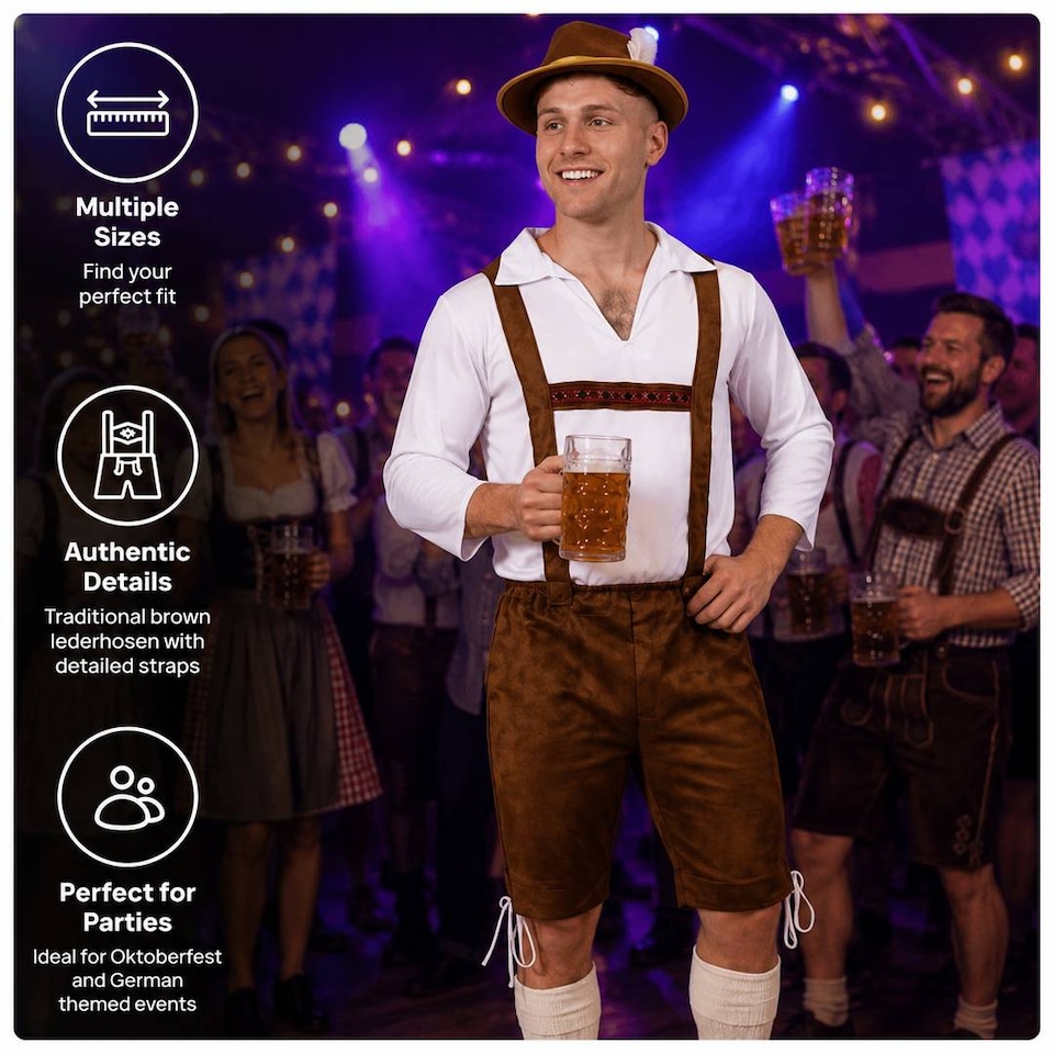 image 1 of Mens Oktoberfest Bavarian Costume Brown Lederhosen Beer Festival German Fancy Dress Outfit