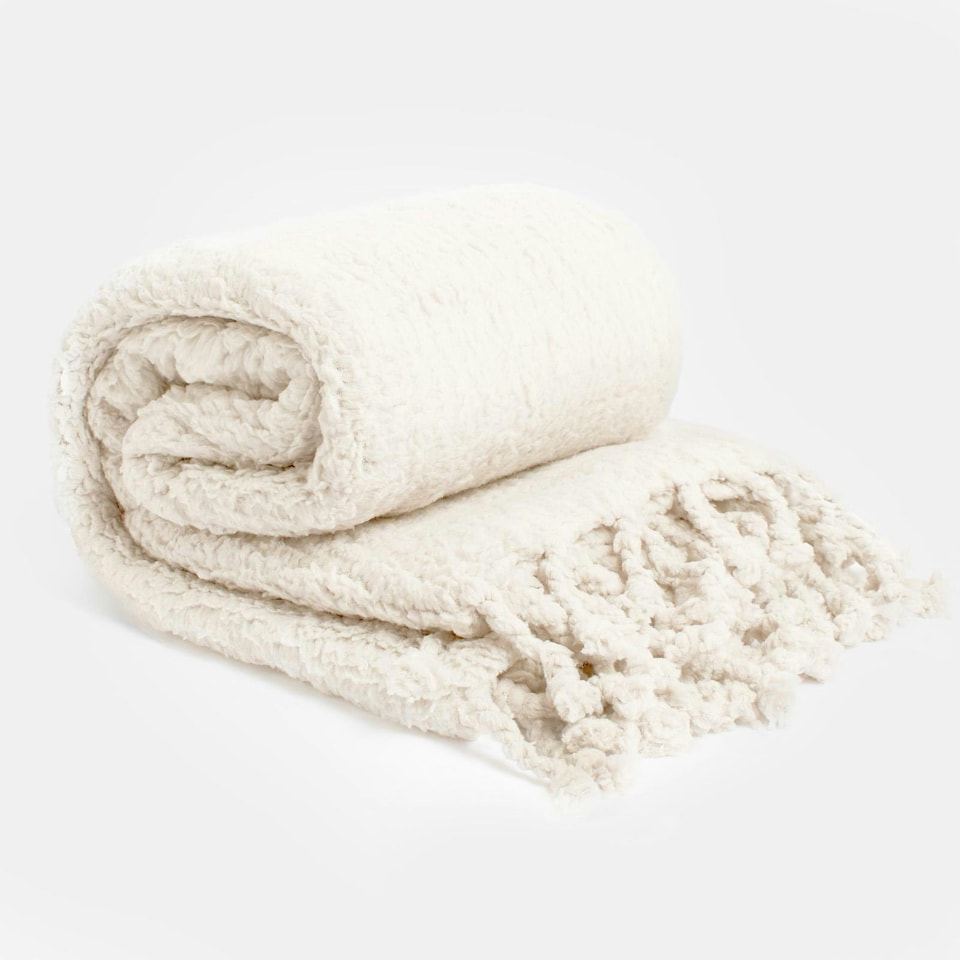 OHS Sherpa Fleece Throw Blanket Tassel 125x150cm Cream Tesco Groceries