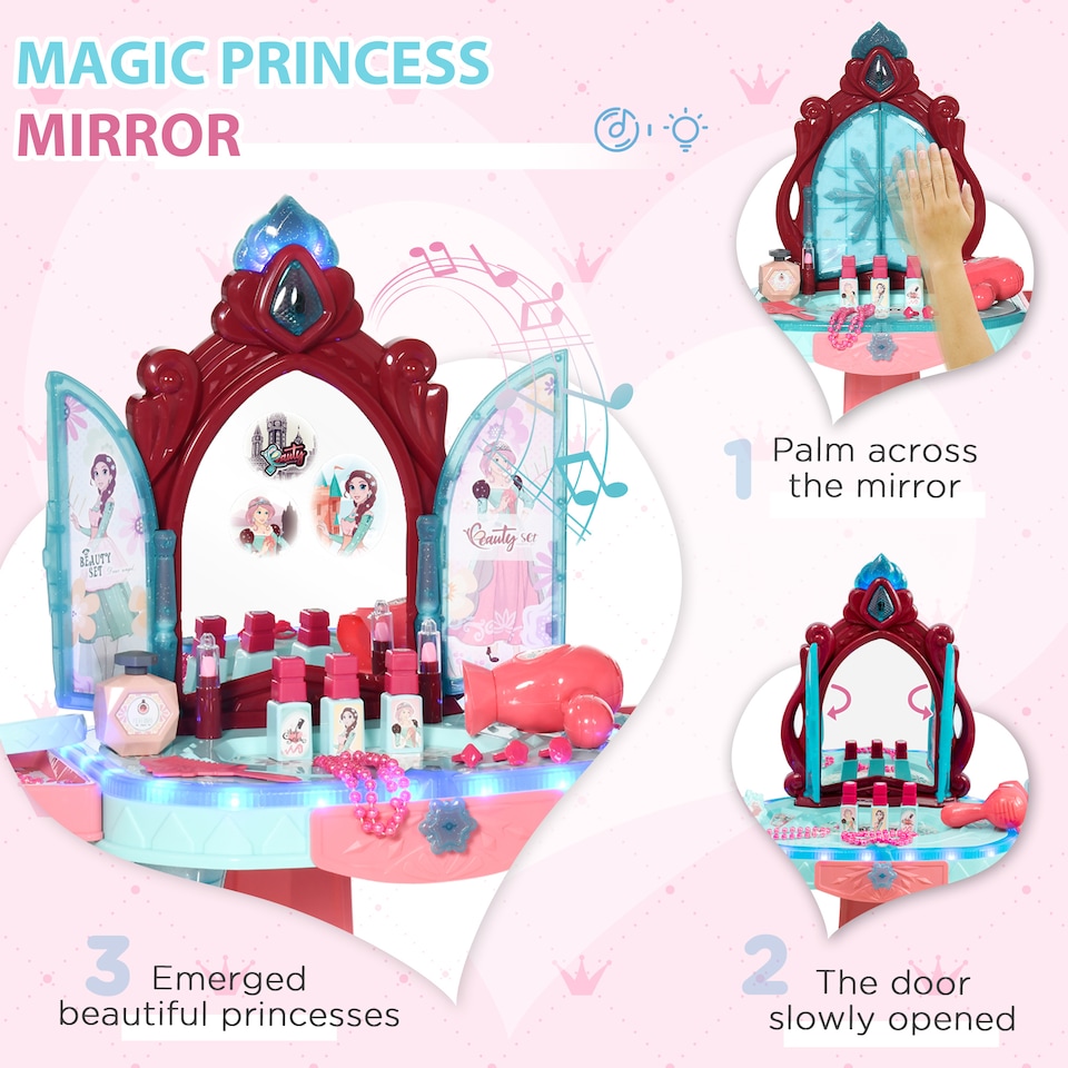 image 1 of AIYAPLAY 31 Pieces Kids Dressing Table Set with Magical Princess Mirror, Music Lights, Makeup Accessories, Hair Dryer, Chair, Drawer for Ages 3-6 Years