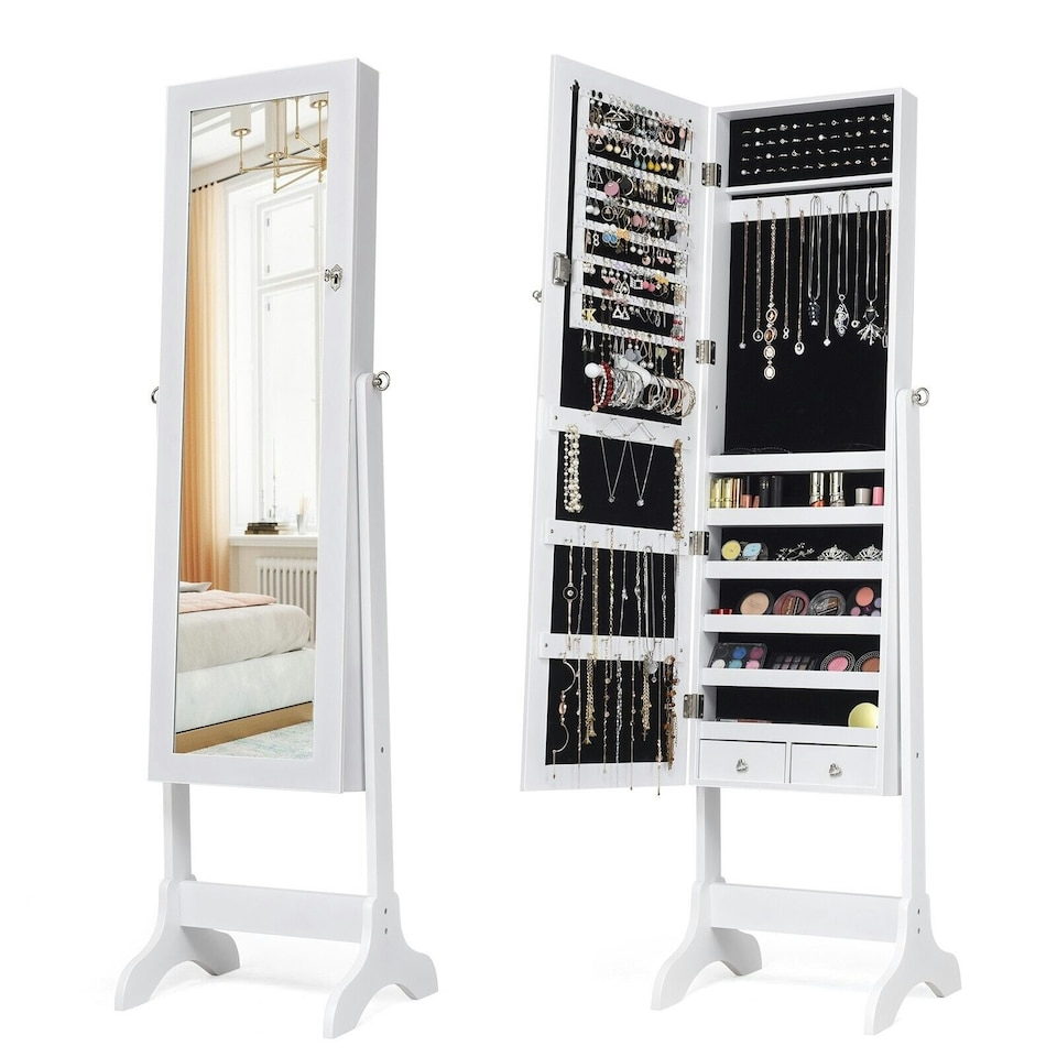 image 1 of COSTWAY Freestanding Jewelry Cabinet Lockable Armoire w/Mirror White