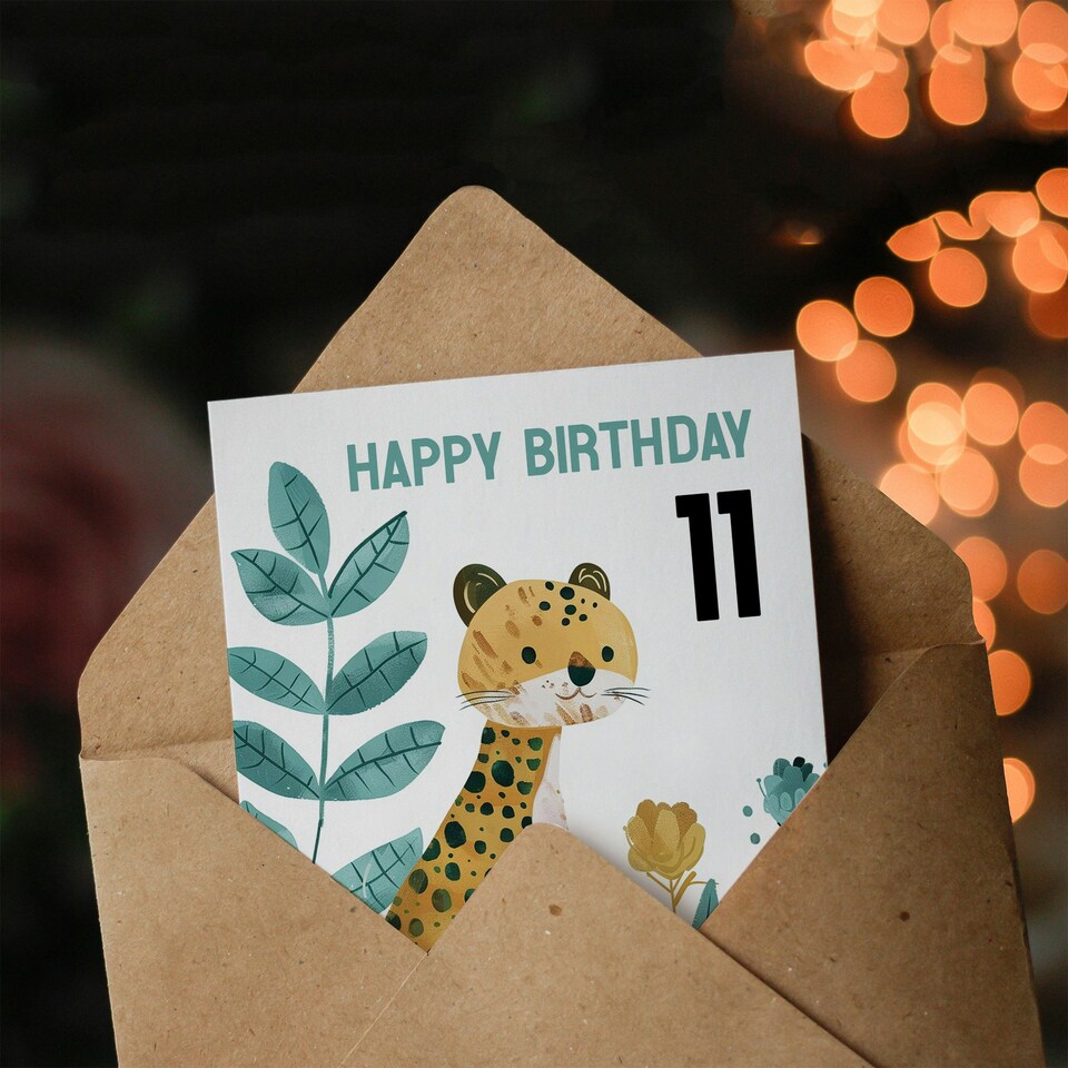 image 1 of Cute Cheetah Jungle Plants Fun Kids Age 11 Year Old Kids 11th Birthday Card