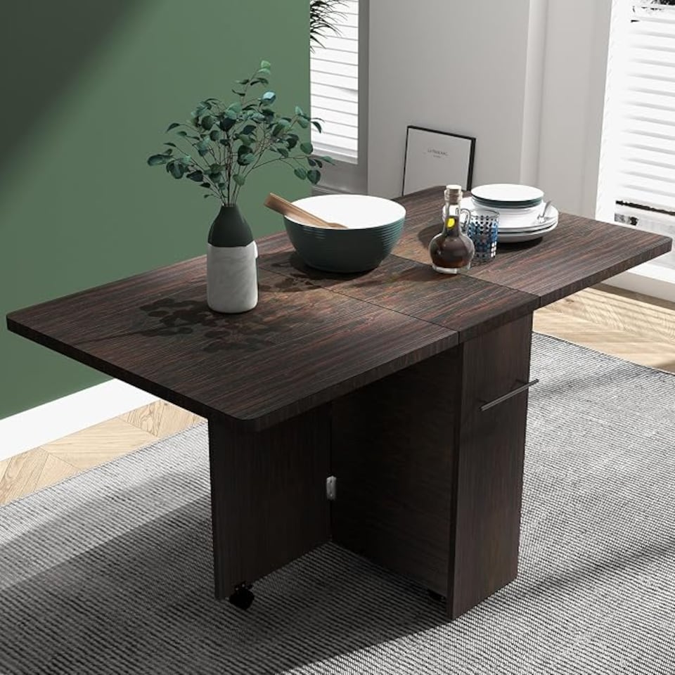 image 1 of London Boutique Dark Walnut Drop Leaf Folding Dining Table, Mobile Kitchen Island with Lockable Wheels & Storage Shelves