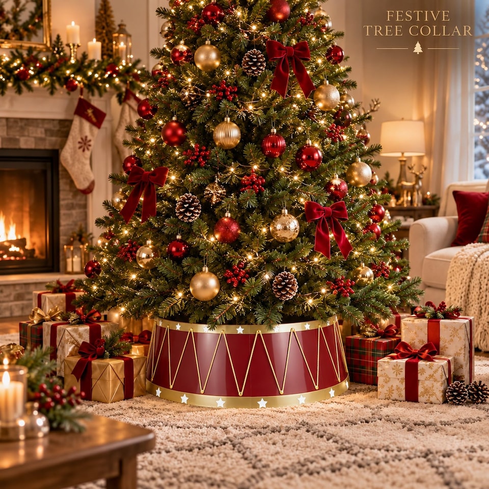 image 1 of 25.6 to 28.4 Inch Drum Christmas Tree Collar Foldable Base Cover for a Neat Festive Finish