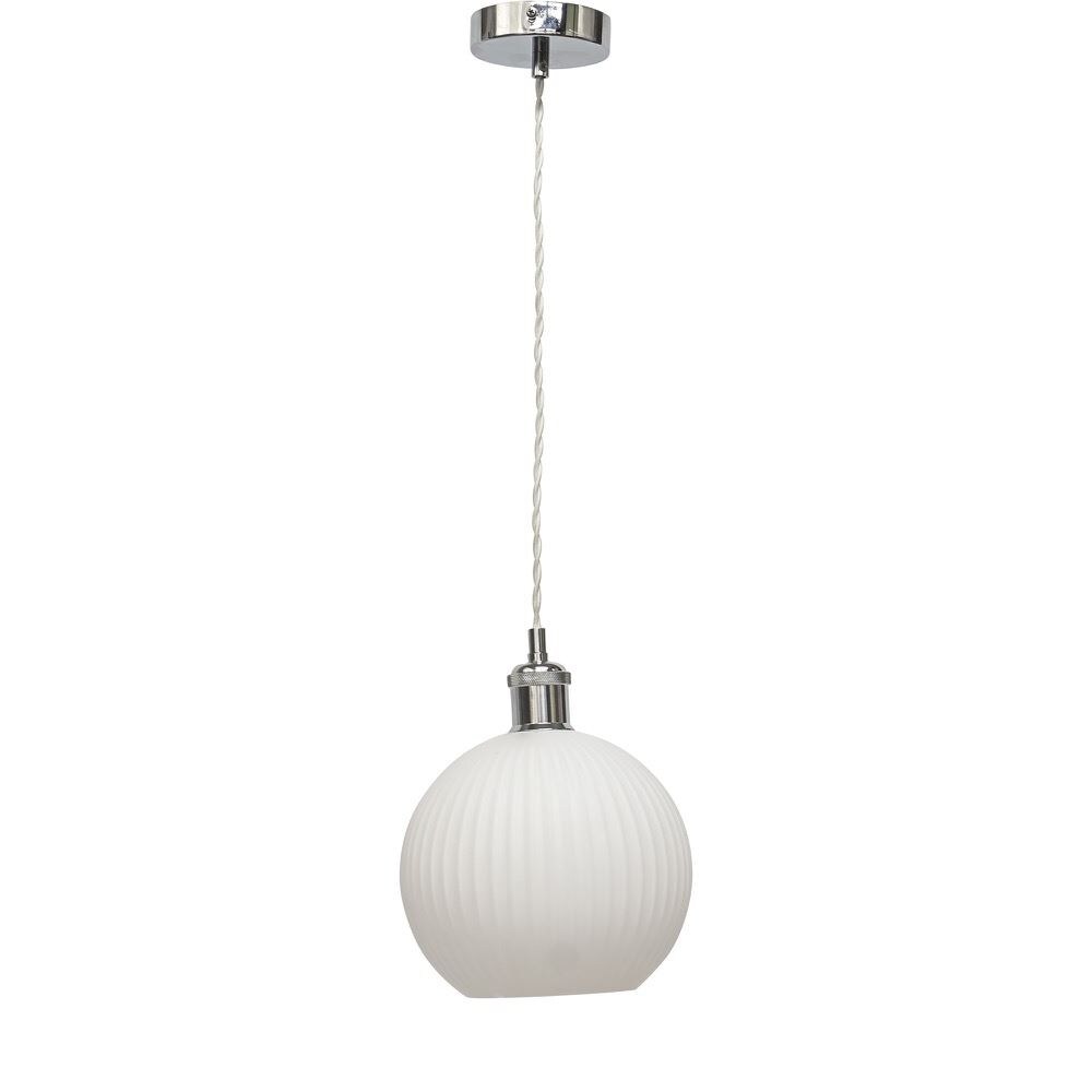 First Choice Lighting Betchley - White Ribbed Glass Globe Chrome Retro Pendant Fitting