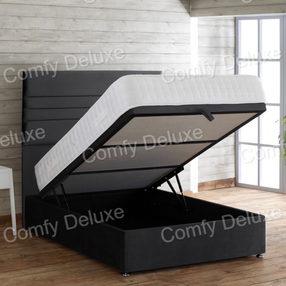 image 1 of Ottoman Divan Black Plush Velvet Divan Bed Set 4ft6 Double