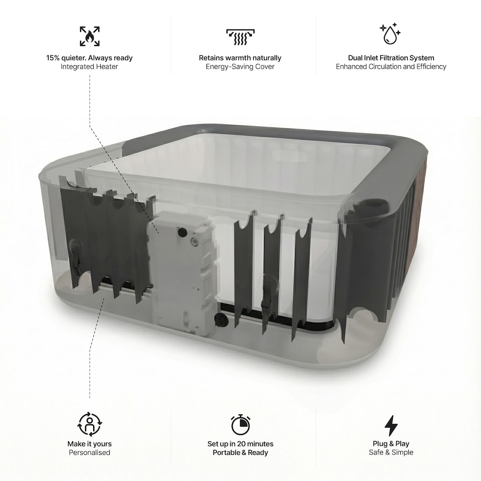 image 1 of Wave Pacific 6 Person Inflatable Hot Tub, EnergySave Bundle, Dark Grey