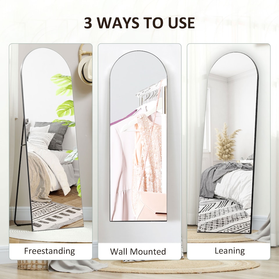 image 1 of HOMCOM Arched Full Length Mirror, 50  150cm Wall Mounted, Leaning, Free Standing Full Body Mirror, Frameless, for Living Room, Bedroom, Black