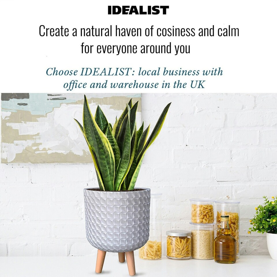 image 1 of Geometric Patterned White Cylinder Planter on Legs, Round Pot Plant Indoor D21 H34 cm, 9.1 ltrs Cap.