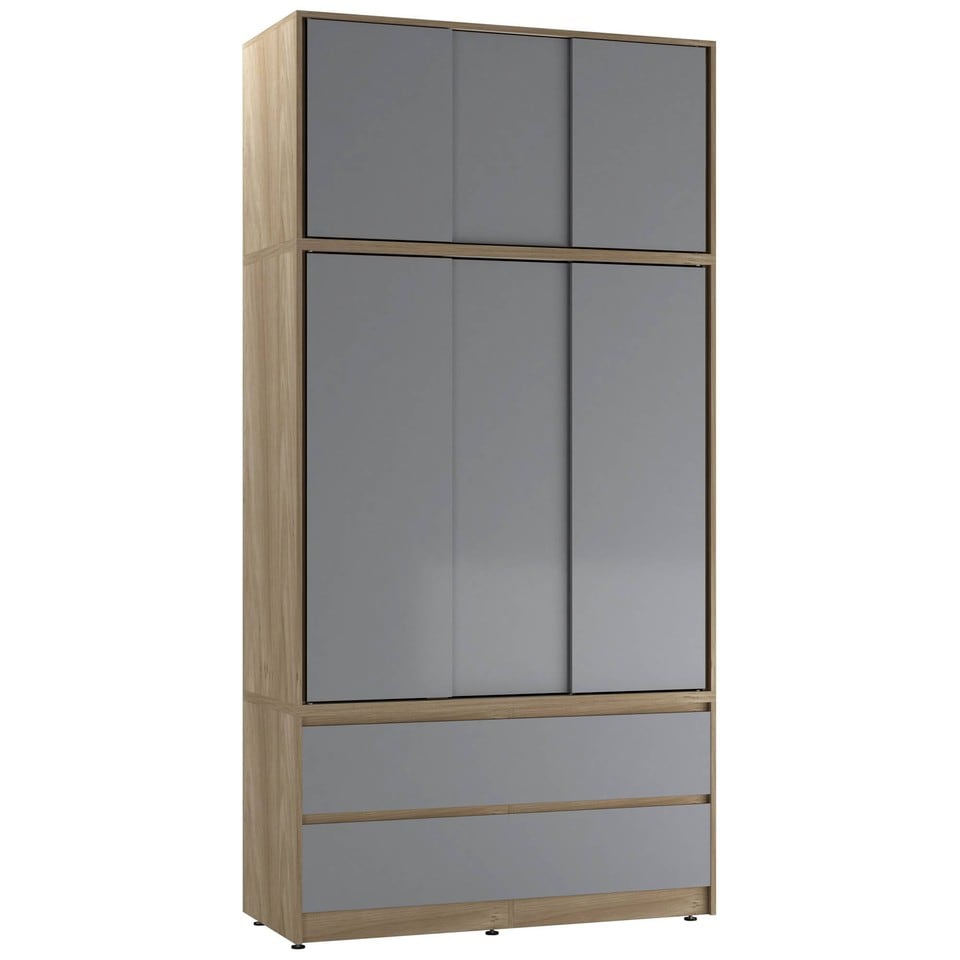 image 1 of 120cm 3 Sliding Doors Children Kids Wardrobe Bedroom Storage Closet Hanging Rail | Multi | Oak with Grey Doors | 1