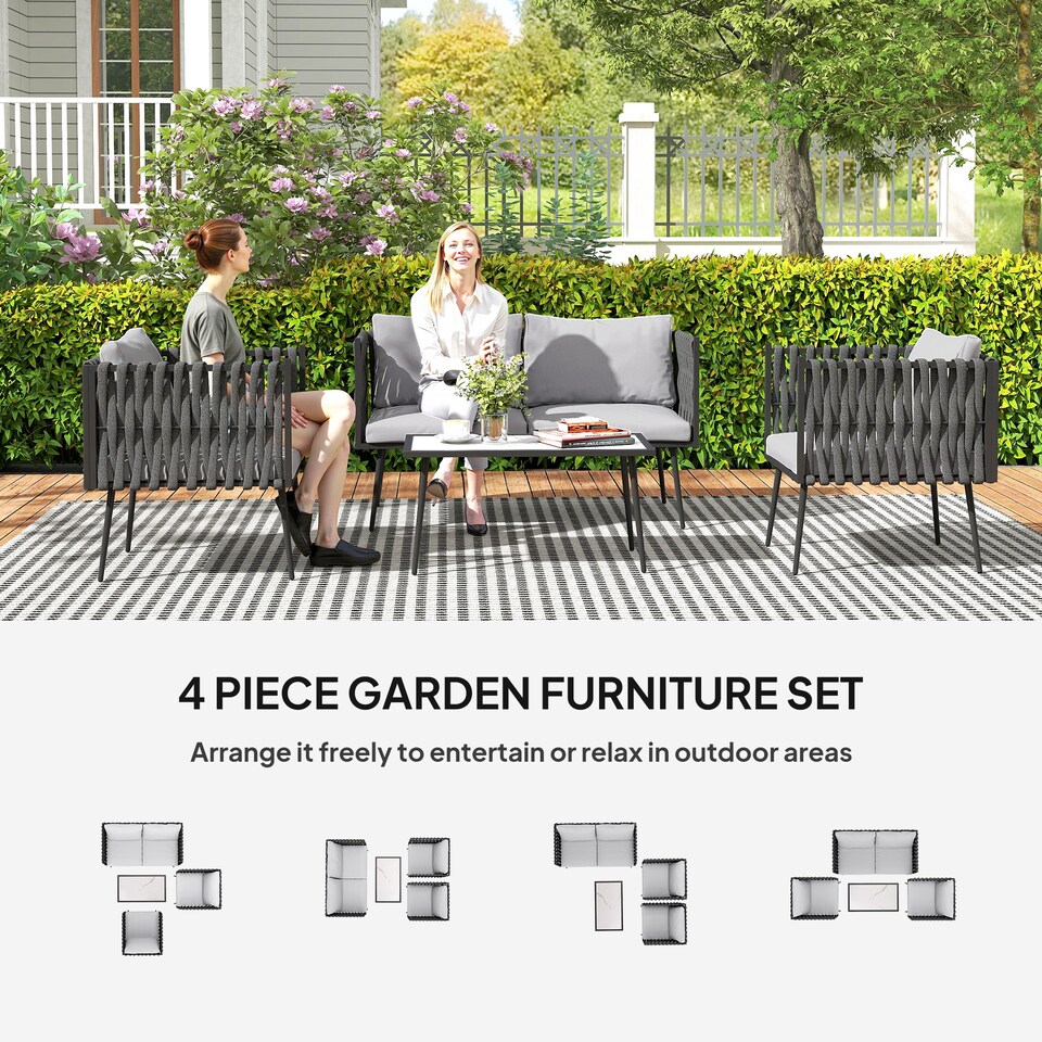 image 1 of Outsunny 4 Piece Outdoor Garden Furniture Set with Cushions, 4 Seater Garden Sofa Set with Loveseat, Armchairs and Faux Marble Top Table, Outdoor Furniture Set for Patio, Conservatory, Light Grey