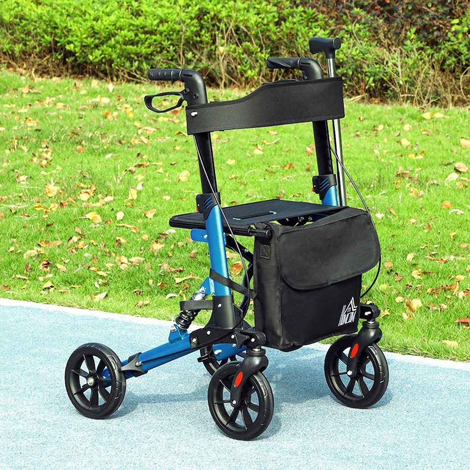 image 1 of HOMCOM Folding Rollator Walker with Seat, Backrest, Bag, 4 Wheels, Blue