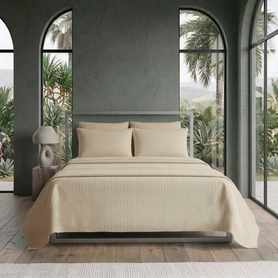 image 1 of Luxury Satin Stripe T250 Cotton Rich Soft Flat Sheet Bed Linen | Brown | Beige | King