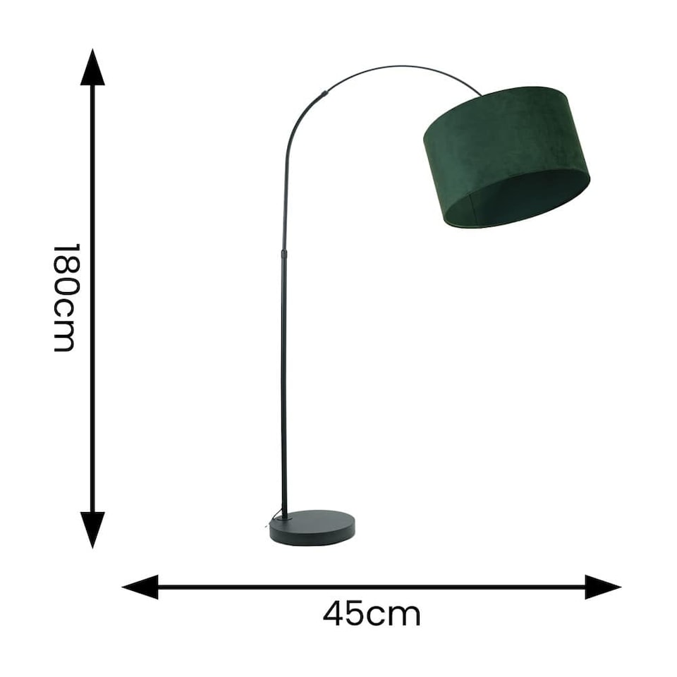 image 1 of ValueLights Louis Black Arched Curved Floor Lamp with Forest Green Velvet Shade | Green