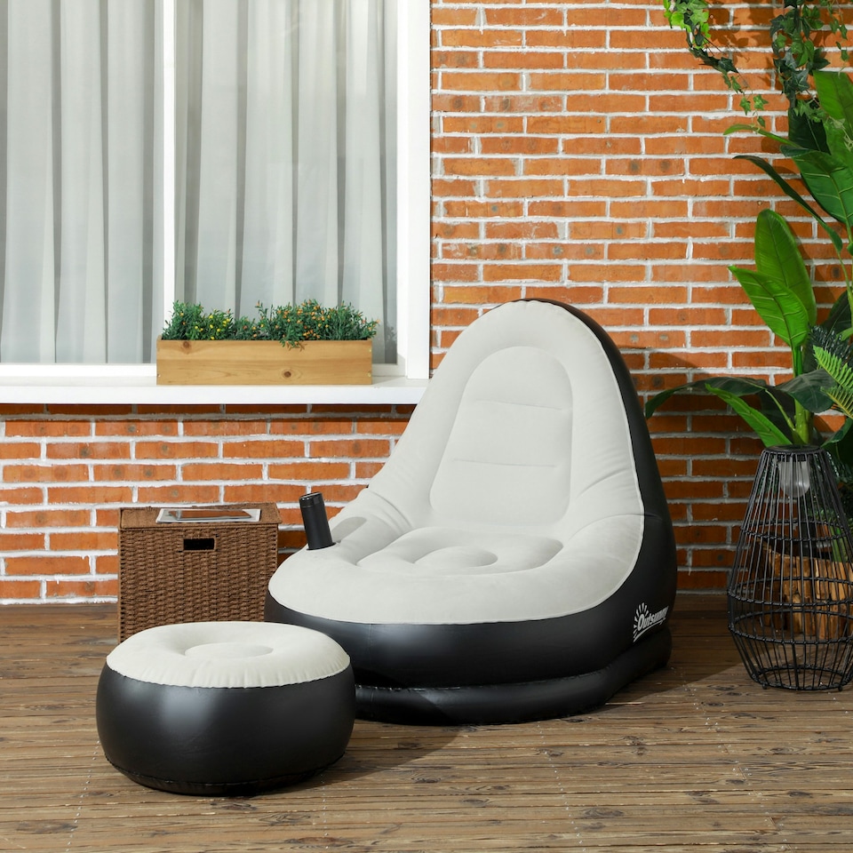 image 1 of Outsunny Inflatable Chair and Footstool for Gaming, Reading, Watching, Grey