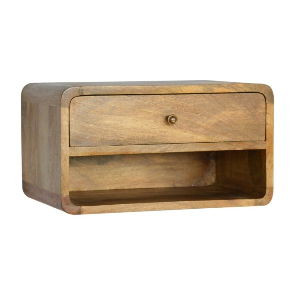 image 1 of Curved Oak-ish Wall Mounted Bedside with Open Slot Brown