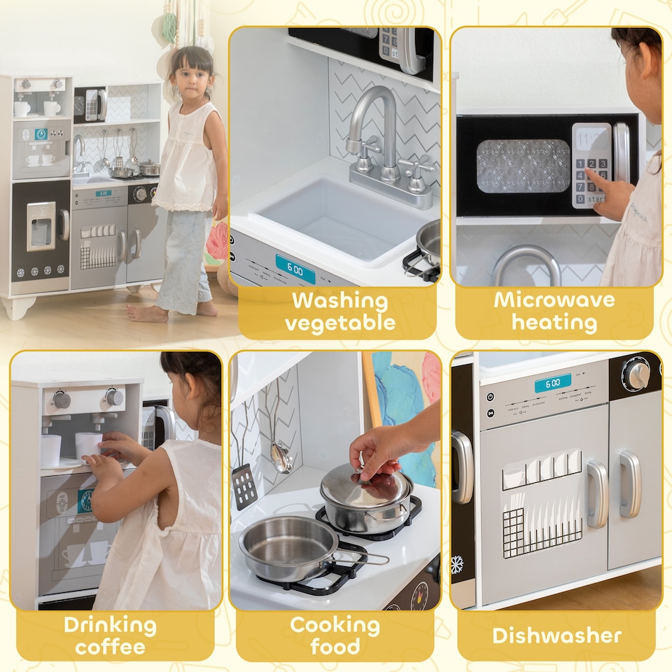 image 1 of AIYAPLAY Kids Play Kitchen, Large Pretend Play Toy Kitchen with Stove Sounds, Microwave, Ice Maker, Coffee Maker, Sink, Stainless Steel Utensils, Cooking Role Play Set for Boys and Girls 3-6 Years