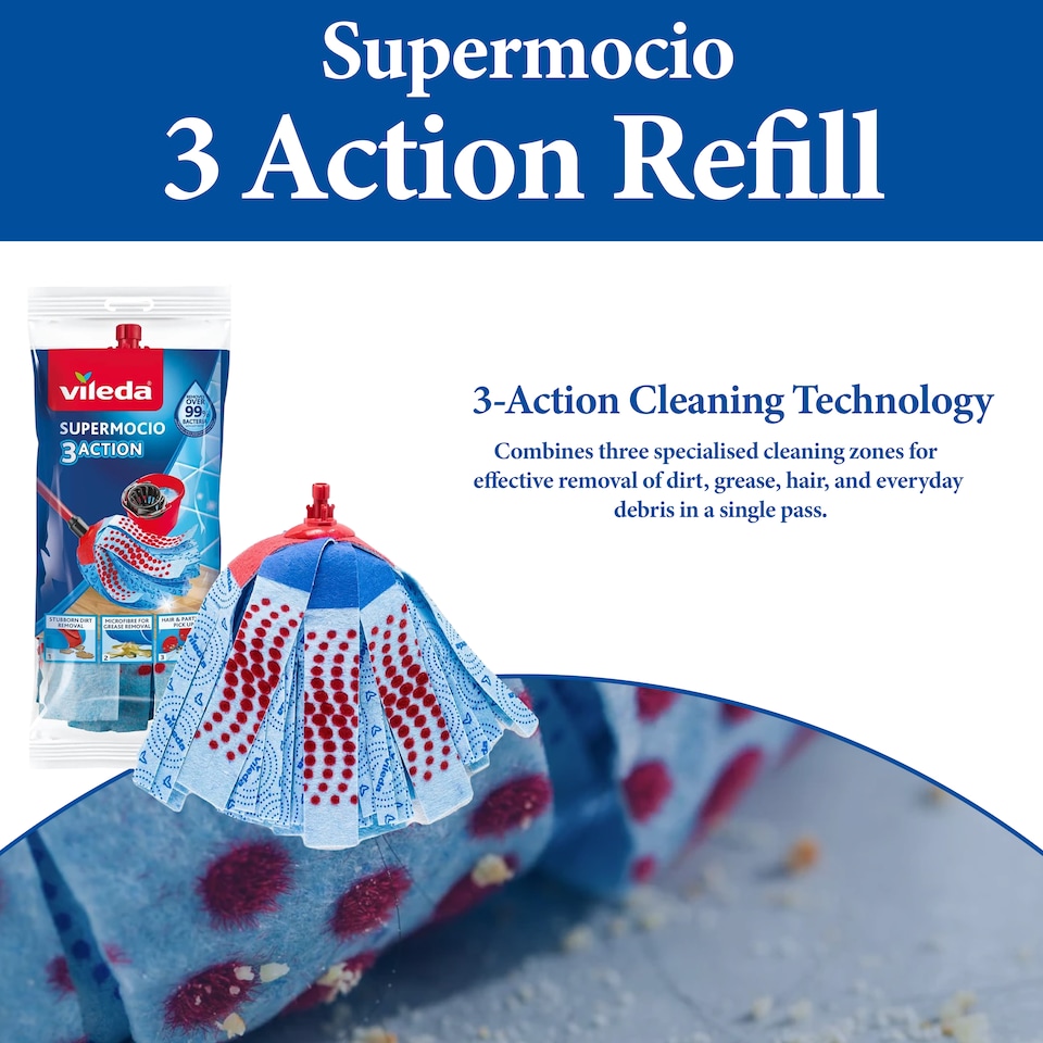 image 1 of Vileda SuperMocio 3 Action Mop Refill Microfibre Floor Cleaning Replacement Head