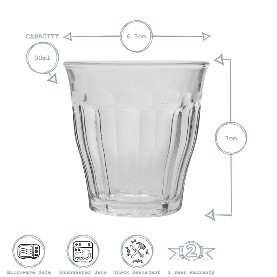 image 1 of Duralex Picardie Shot Glass Espresso Cups - 90ml Drinking Glasses - Clear - Pack of 6 | Clear | Clear