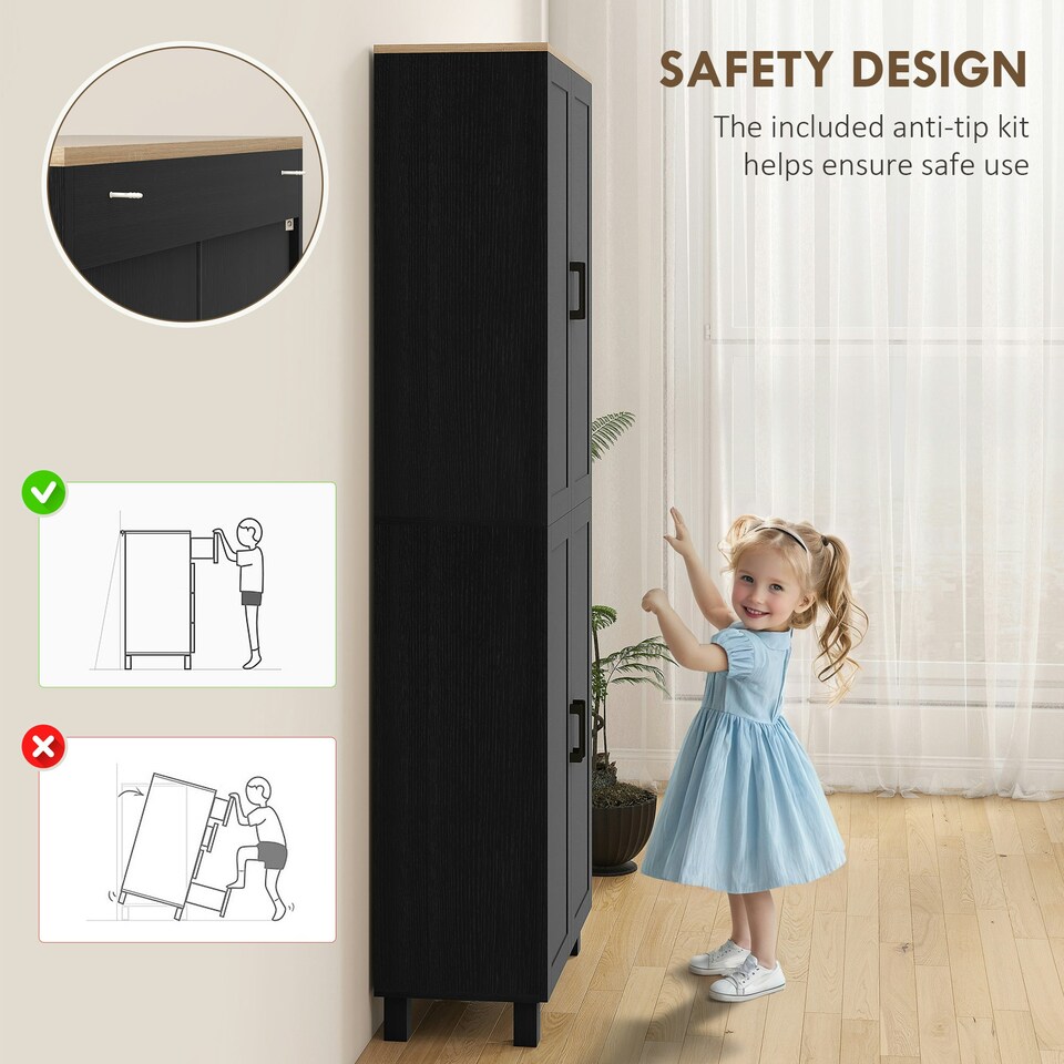 image 1 of HOMCOM Modern Kitchen Cupboard Storage Cabinet with 4 Shelves, Black Black | Natural wood top