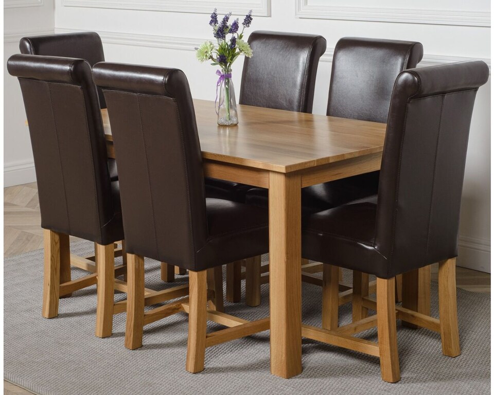 image 1 of Oslo 150 x 90 cm Medium Oak Dining Table and 6 Washington Leather Chairs | Brown | Brown