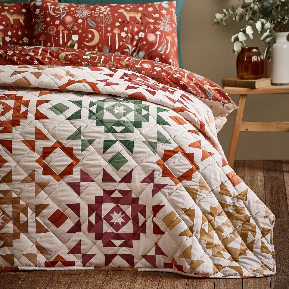 image 1 of Catherine Lansfield Autumn Patchwork Geo Quilted Bedspread | Cream | Natural | One Size