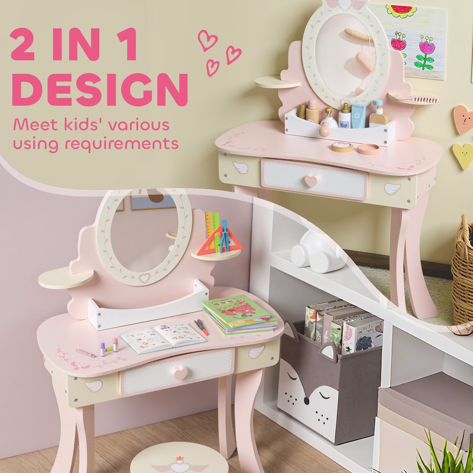 image 1 of AIYAPLAY Kids Dressing Table, Girls Vanity Set w/ Stool, 7 Play Accessories