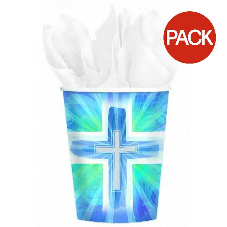 Amscan Joyous Cross Christening Disposable Cup (Pack of 8) - Blue/White - One Size