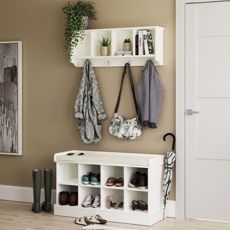 image 1 of Kempton Shoe Bench & Wall Rack | White | White