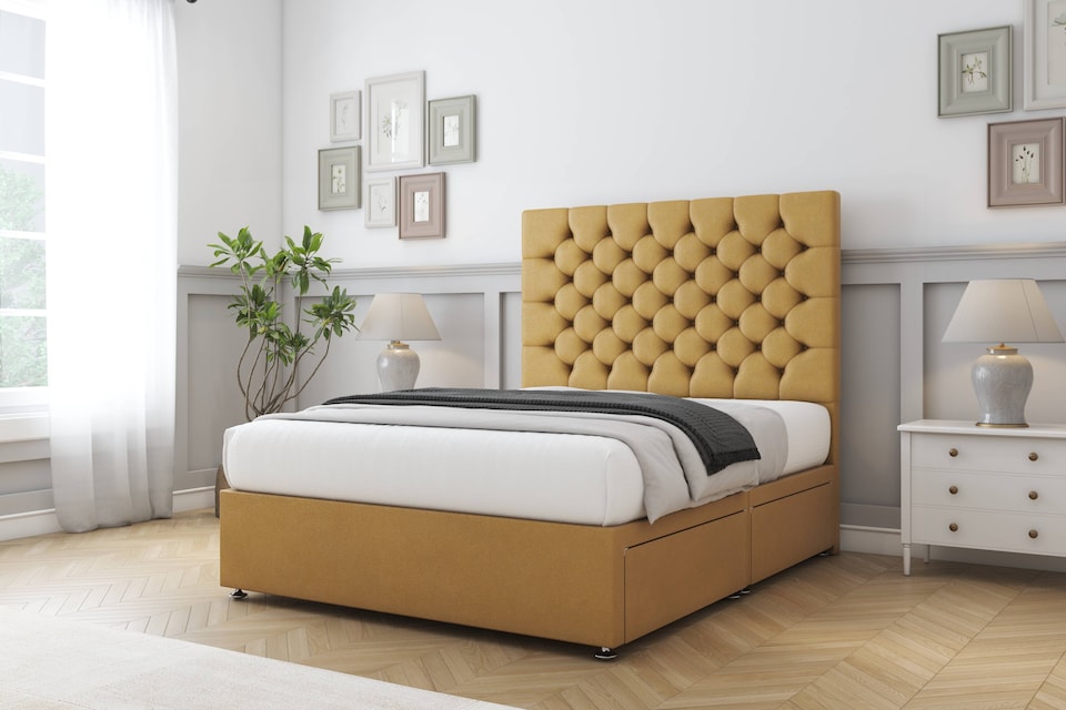 image 1 of Sloomy Mayfair Mustard Plush Divan Bed With Mattress No Drawers With 54" Floor Standing Headboard 6' Super King | Gold | Mustard | Super King | 1