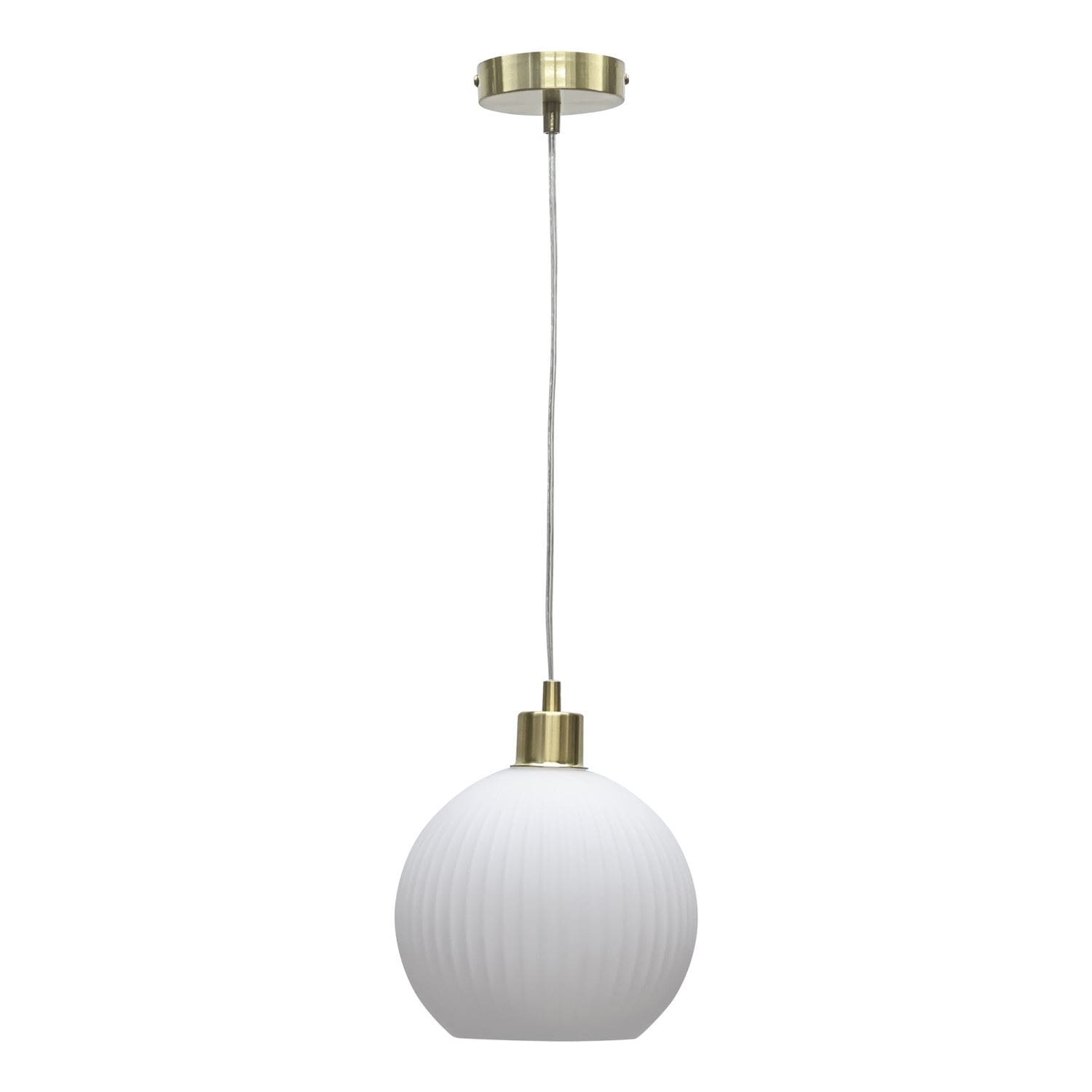 First Choice Lighting Betchley - White Ribbed Glass Globe with Satin Brass Pendant Fitting