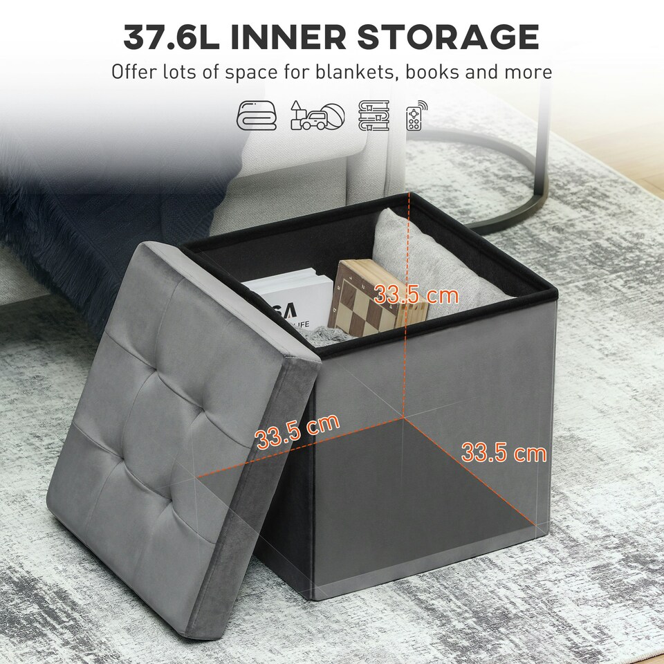 image 1 of HOMCOM Foldable Sherpa Fleece Storage Ottoman, 38 x 38 x 38 cm Grey
