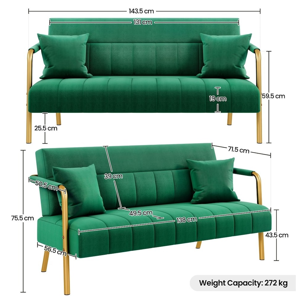 image 1 of Yaheetech Upholstered Sofa Couch with Gold-tone Metal Arms and Legs Green