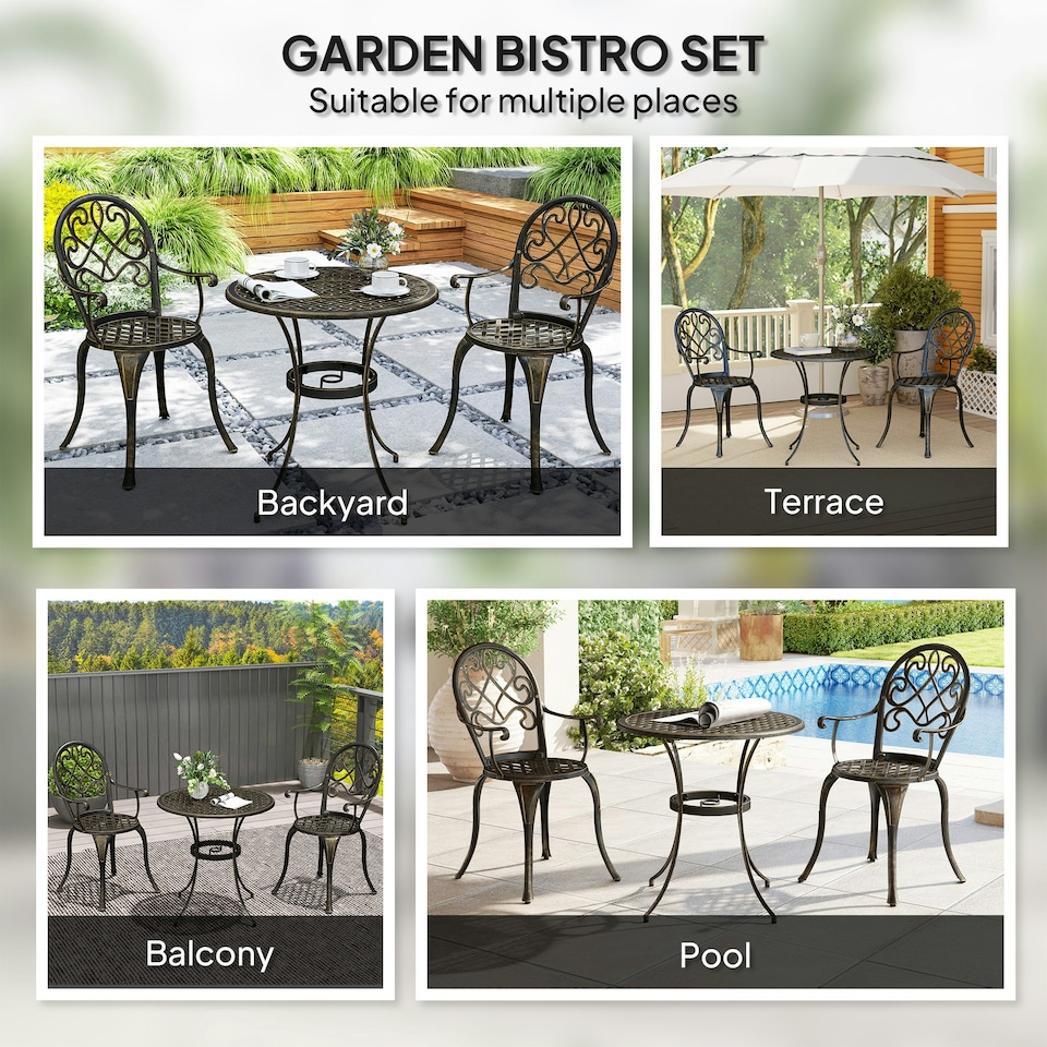 image 1 of Outsunny 3PCs Bistro Set,  Aluminium Garden Table and Chairs Bronze Tone