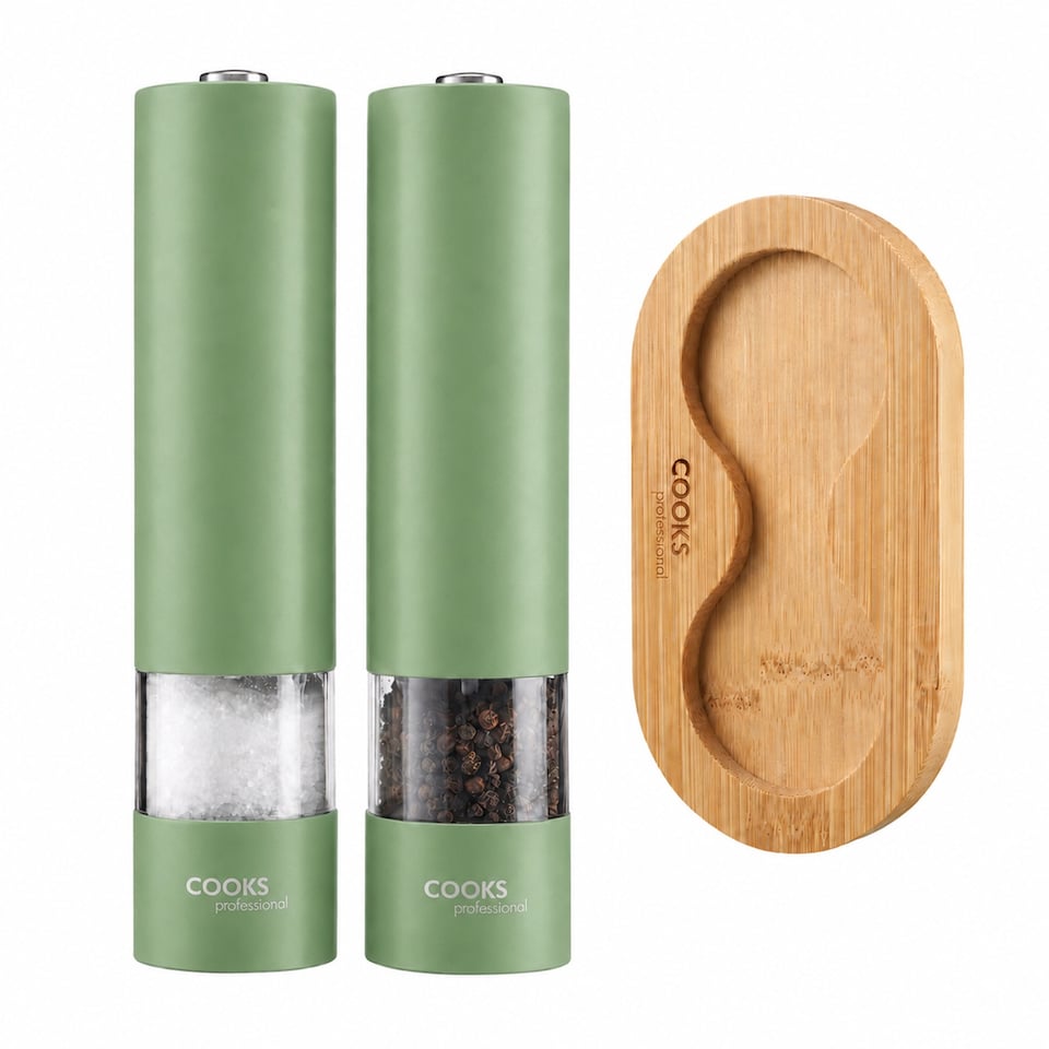 image 1 of Cooks Professional Electric Salt & Pepper Mill Set with Bamboo Base